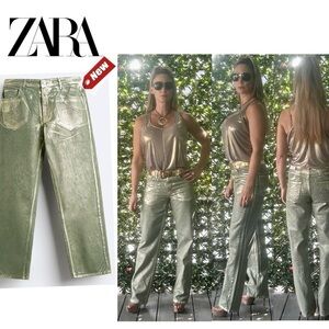 Zara relaxed fit olive army green metallic gold foil denim jeans Sz 29 NWT🔥